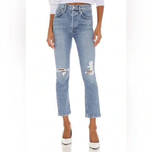 AGOLDE RILEY jeans high rise straight crop distressed whiplash blue denim 27 - Picture 1 of 10